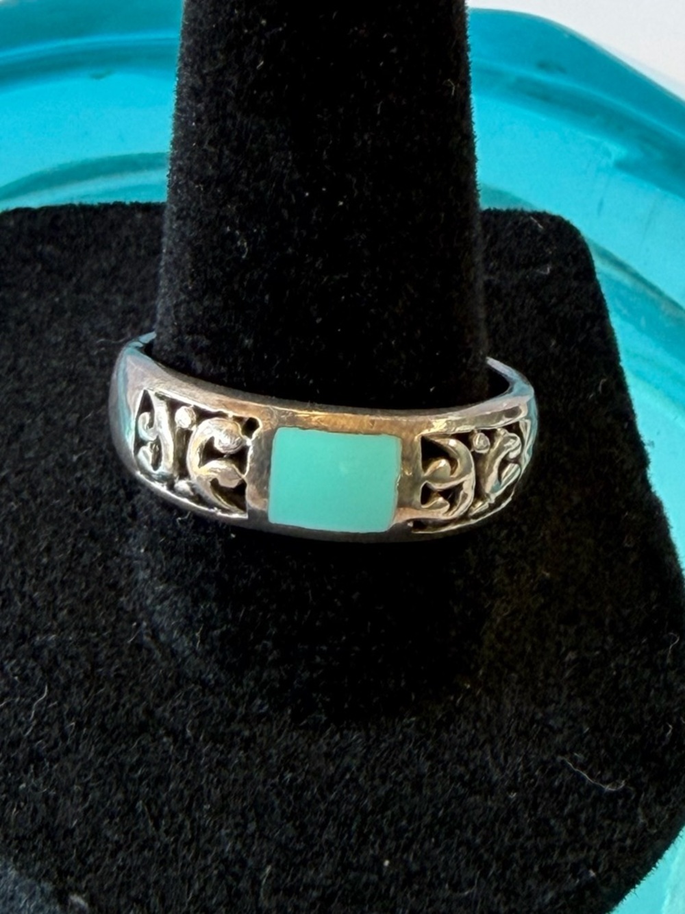 Turquoise Inlay Silver Filigree Women's Ring 8.5